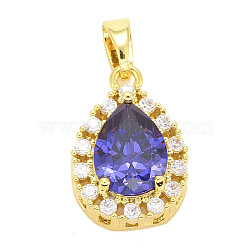 Brass Micro Pave Cubic Zirconia Pendants, Long-Lasting Plated, Real 18K Gold Plated, Teardrop, Mauve, 16x11x6mm, Hole: 5x3mm(KK-E277-03G)