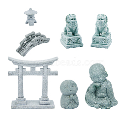 7Pcs 7 Styles Mini Sandstone Bridge & Resin Torii Gate/Lion/Ksitigarbha Buddha/Monks, Micro Landscape Bonsai Fish Tank Decoration Accessories, Dark Gray, 22.5~85x25~75x24~89mm, 1pc/style(DJEW-FH0001-23)