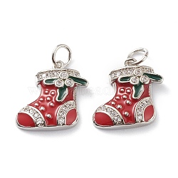 Brass Micro Pave Clear Cubic Zirconia Pendants, with Red & Green Enamel & Jump Rings, Long-Lasting Plated, For Christmas, Stocking, Platinum, 14.5x15.5x2.5mm, Hole: 3mm, Jump Ring: 5x1mm(ZIRC-Z008-14P)