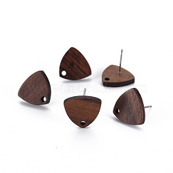 Walnut Wood Stud Earring Findings, with 304 Stainless Steel Pin, Triangle, Coconut Brown, 13x14mm, Hole: 1.6mm, Pin: 0.6mm(WOOD-S054-47)