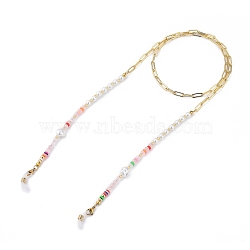 Brass Eyeglasses Chains, Neck Strap for Eyeglasses, with Polymer Clay Heishi Beads, Glass Beads, Plastic Beads, Natural Rose Quartz Beads, 304 Stainless Steel Lobster Claw Clasps and Rubber Loop Ends, 31.89 inch(81cm)(AJEW-EH00214-03)