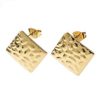 Ion Plating(IP) 201 Stainless Steel Stud Earrings, with 304 Stainless Steel Pins, Textured Rhombus, Real 18K Gold Plated, 20x20mm