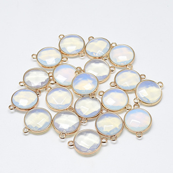 Opalite Links connectors, with Golden Tone Brass Findings, Faceted, Flat Round, Golden, 25.5~26.5x17~18x6~7mm, Hole: 2~2.5mm