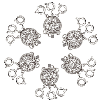3-Strand 6-Hole Brass Box Clasps, Multi-Strand Clasps, with Spring Ring Clasps, Flat Round, Platinum, 24x11x5.5mm, 6 sets/box