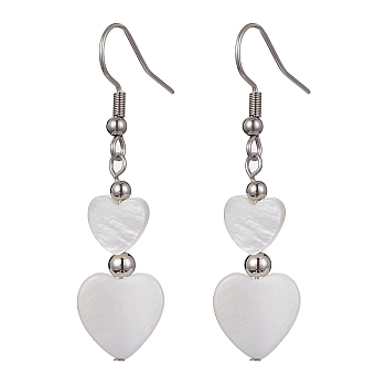 Natural Shell Heart Dangle Earrings, 304 Stainless Steel Earrings, Stainless Steel Color, 47x12.5mm