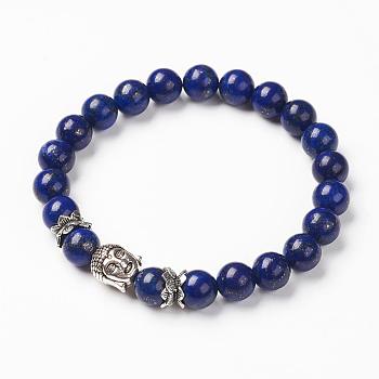 Natural Lapis Lazuli(Dyed) Stretch Bracelets, Beaded Stretch Bracelets, with Tibetan Style Beads, Buddha Head, Antique Silver, 2-1/4 inch(56mm)