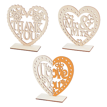 CREATCABIN 3 Sets 3 Style Density Board Display Decorations, Valentine's Day, Ornament Gift, Heart with Word, BurlyWood, 15x15x0.25cm, Setting: 9.7x5x0.25cm, 1 set/style