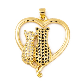 Brass Micro Pave Cubic Zirconia Pendants, Real 18K Gold Plated Heart with Couple Cat Charms, Black, 35x30.5x5mm, Hole: 4.7x3.5mm