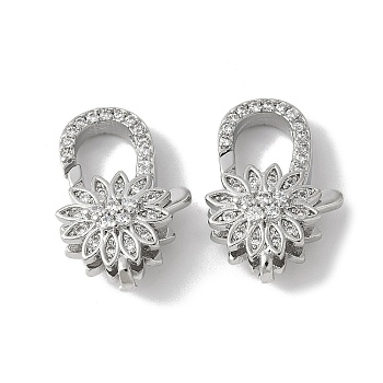 Brass Micro Pave Cubic Zirconia Lobster Claw Clasps, Rack Plating, Long-Lasting Plated, Lead Free & Cadmium Free, Flower, Platinum, 20x13.5x7mm, Hole: 1.8mm