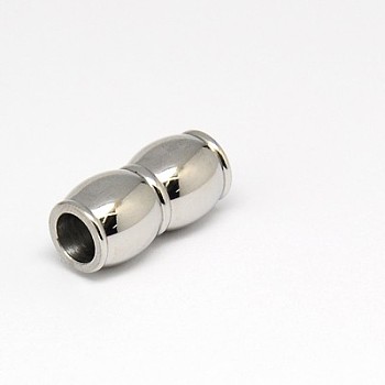 304 Stainless Steel Magnetic Clasps with Glue-in Ends, Barrel, Stainless Steel Color, 18x8.5mm, Hole: 5mm