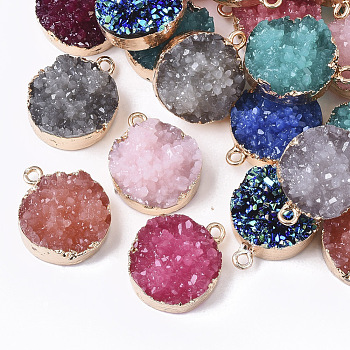 Druzy Resin Pendants, with Edge Light Gold Plated Iron Loops, Flat Round, Mixed Style, Mixed Color, 22x18x10.5mm, Hole: 1.8mm