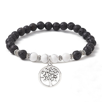 Natural Lava Rock & Howlite Gemstone Round Beaded Stretch Bracelet, with Alloy Tree of Life Charms, Inner Diameter: 2-1/2 inch(6.5cm)