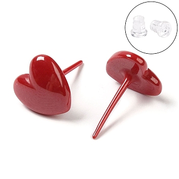 Hypoallergenic Bioceramics Zirconia Ceramic Heart Stud Earrings, No Fading and Nickel Free, Red, 9.8x9.8mm