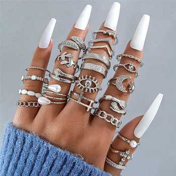 23Pcs 23 Style Alloy Open Cuff Rings Set with Rhinestone, Enamel Stackable Rings, Mixed Shape, Platinum, Inner Diameter: 16~18mm, 1Pc/style