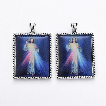 Alloy Pendants, For Easter, with Glass, Rectangle with Jesus, Dark Blue, 37x25x2mm, Hole: 3x4.5mm