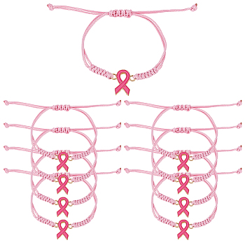 20Pcs Alloy Link Bracelets, Adjustable Polyester Cord Braided Bracelets for Women, Awareness Ribbon, Pink, Inner Diameter: 3-1/2 inch(9cm)