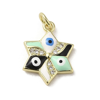 Brass Micro Pave Cubic Zirconia Pendants, with Enamel, with Jump Ring, Real 18K Gold Plated, Star with Evil Eye, Aquamarine, 17.5x13x3.4mm, Hole: 3.2mm