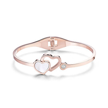 SHEGRACE Gorgeous Titanium Steel Bangle, Double Hearts with Chromatic Conch, Rose Gold, 59mm