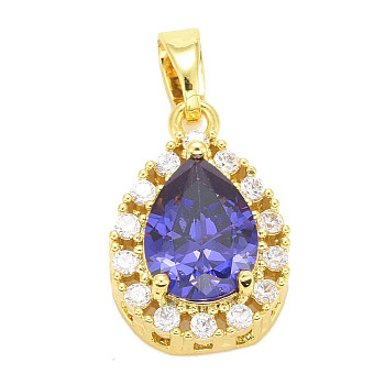 Brass Micro Pave Cubic Zirconia Pendants, Long-Lasting Plated, Real 18K Gold Plated, Teardrop, Mauve, 16x11x6mm, Hole: 5x3mm