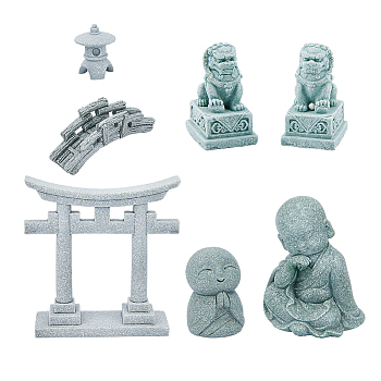 7Pcs 7 Styles Mini Sandstone Bridge & Resin Torii Gate/Lion/Ksitigarbha Buddha/Monks, Micro Landscape Bonsai Fish Tank Decoration Accessories, Dark Gray, 22.5~85x25~75x24~89mm, 1pc/style