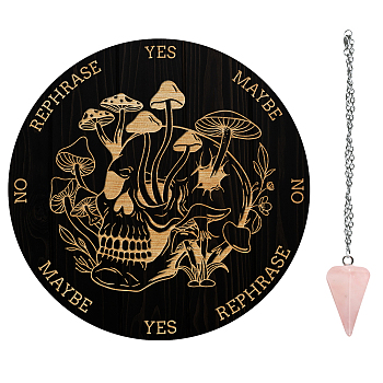 AHADEMAKER Dowsing Divination Supplies Kit, Including PVC Plastic Pendulum Board, 304 Stainless Steel Cable Chain Necklaces, Cone/Spike Natural Rose Quartz Stone Pendants, Mushroom Pattern, Board: 200x4mm