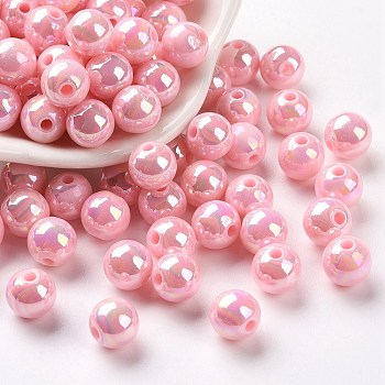 Opaque Acrylic Beads, AB Color Plated, Round, Pearl Pink, 8x7mm, Hole: 2mm
