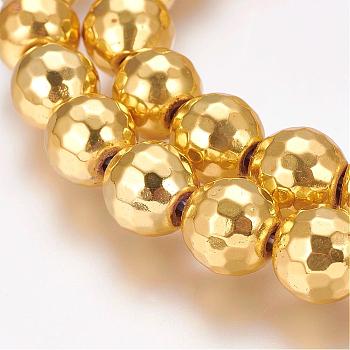 Grade AA Non-Magnetic Synthetic Hematite Bead Strands, Round, Faceted(128 Facets), Golden Plated, 10mm, Hole: 1.5mm, about 44pcs/strand, 15.7 inch(40cm)