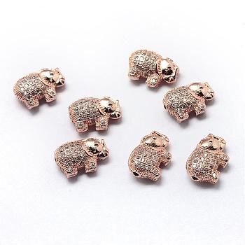 Rack Plating Brass Cubic Zirconia Beads, Long-Lasting Plated, Elephant, Rose Gold, 9.5x13.5x5mm, Hole: 1.5mm