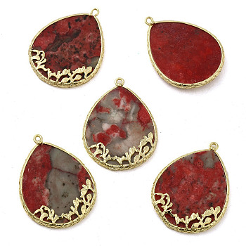 Natural Red Jasper Dyed Pendants, Teardrop Charms with Rack Plating Golden Plated Brass Findings, 37x27.5x4mm, Hole: 1.6mm