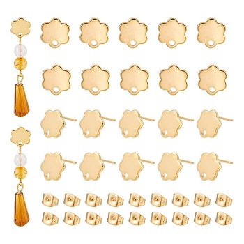 50Pcs 201 Stainless Steel Flower Stud Earring Findings with Hole & 304 Stainless Steel Pins & Ear Nuts, Real 24K Gold Plated, 10x9mm, Hole: 1.6mm, Pin: 0.8mm