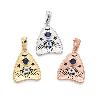 Brass Cubic Zirconia Pendants, with Enamel, Lead Free & Cadmium Free, Talking Board Planchette Charm with All Seeing Eye, Mixed Color, 26x21x2.5mm, Hole: 8x5mm