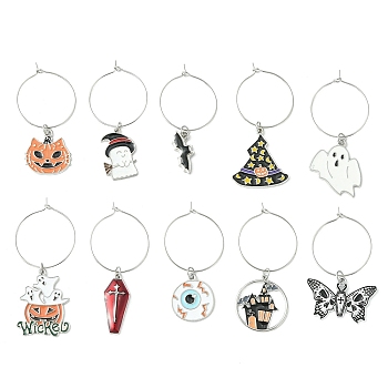 Halloween Theme Alloy Enamel Pendants Wine Glass Charms Sets, with Brass Hoop Earrings Findings, Mixed Shapes, Mixed Color, 47~50mm, 10pcs/set
