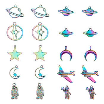 20Pcs 10 Style Space Theme Alloy Pendants, Spaceman & Double Horn/Crescent Moon & Star, Rainbow Color, 13~27x10.5~27x1.5~5mm, Hole: 1.4~3.5mm, 2pcs/style