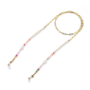 Brass Eyeglasses Chains, Neck Strap for Eyeglasses, with Polymer Clay Heishi Beads, Glass Beads, Plastic Beads, Natural Rose Quartz Beads, 304 Stainless Steel Lobster Claw Clasps and Rubber Loop Ends, 31.89 inch(81cm)