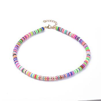 Handmade Polymer Clay Heishi Beaded Necklaces, with Brass Beads, Non-magnetic Synthetic Hematite Beads and 304 Stainless Steel Lobster Claw Clasps, Colorful, 14.96 inch(38cm)