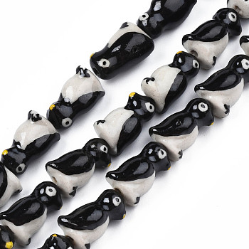 Handmade Porcelain Ceramic Beads Strands, Famille Rose Style, Penguin, Black, 16~18x9~11x10~11mm, Hole: 1.4mm, about 18pcs/strand, 12.2 inches(31cm)