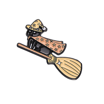Cartoon Animal Magician Riding Broom Enamel Pins, Alloy Brooch, Cat Shape, 20x33mm