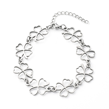 304 Stainless Steel Links Bracelets, Clover, Stainless Steel Color, 7 inch(17.8cm)