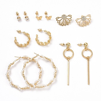 Ring & Flower & Butterfly Stud Earrings, Half Hoop Rhinestone Earrings, Resin Pearl Beads Wire Wrap Open Hoop Earrings for Women, Golden, 6~67x6~25mm, Pin: 0.8mm, 6 pairs/set