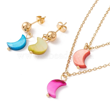 Synthetic Shell Moon Pendant Double Layer Necklaces and Dangle Stud Earrings(SJEW-F217-02G)-2
