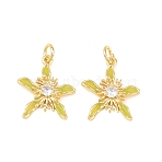 Brass Clear Cubic Zirconia Pendants, Flower Charms, Long-Lasting Plated, Rack Plating, Lead Free & Cadmium Free, Golden, 18x15.5x4mm, Jump Ring: 5x1mm, Inner Diameter: 3mm(KK-F931-11G)
