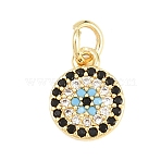 Brass Micro Pave Cubic Zirconia Charms, Flat Round with Evil Eye, Long-Lasting Plated, Rack Plating, Lead Free & Cadmium Free, Mixed Color, Real 18K Gold Plated, 10.5x8.5x2mm, Hole: 3.5mm(KK-F938-08G)