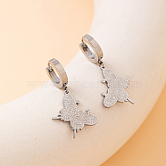 Vintage French Style Stainless Steel Butterfly Hoop Earrings for Sweet Daily Dating Outfits, Silver, 20x12mm(VI4462-2)