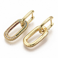 Brass Micro Pave Cubic Zirconia Dangle Hoop Earrings, Oval, Real 16K Gold Plated, Colorful, 31mm, Pin: 0.7x1mm(EJEW-S208-070A)