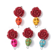 5Pcs 5 Colors Synthetic Coral & Turquoise Dyed Flower Skull Connector Charms, with Stainless Steel Color Tone 304 Stainless Steel Double Loops, Mixed Color, 30x15x10mm, Hole: 1.6mm, 1pc/color(PALLOY-JF02783)