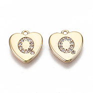 Brass Micro Pave Clear Cubic Zirconia Charms, Nickel Free, Real 18K Gold Plated, Flat Heart, Letter.Q, 10x10x1mm, Hole: 1mm(KK-N231-234Q-NF)