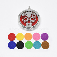 Alloy Diffuser Locket Pendants, with Skull 304 Stainless Steel Findings and Random Single Color Non-Woven Fabric Cabochons Inside, Magnetic, Flat Round, Random Single Color, 39.5x34x6.5mm, Hole: 3.5mm(PALLOY-Q352-10)