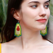 Bohemia Glass Seed Bead Dangle Earrings, Tassel Earrings for Women, Avocado, 98~99x29~31mm(EJEW-C091-01E)
