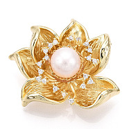 Natural Pearl Flower Brooches for Women, Brass Pave Cubic Zirconia Pins, Real 14K Gold Plated, 29.5x36x18mm(JEWB-N001-15G)