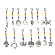 Glass Beaded Pendant Decorations, with Mixed Shapes Alloy Pendant and Zinc Alloy Lobster Claw Clasps, Antique Silver, 45~59x5~30x1~4mm, 14pcs/set(HJEW-JM01281)